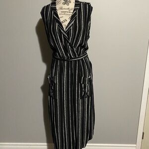 Le Chateau Black and Gray Striped Midi Dress